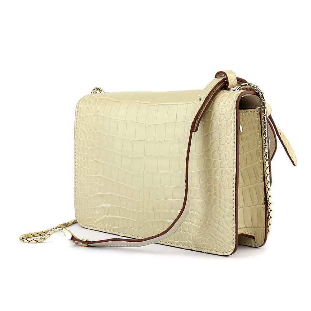 Genuine Crocodile Leather Cross Body Messenger Flap Shoulder Bag Cream
