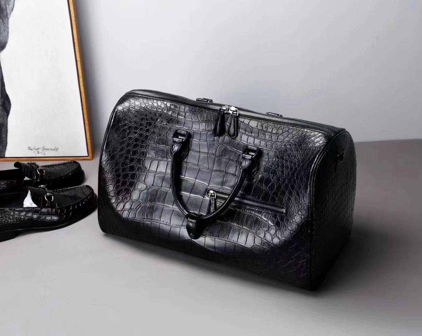 Genuine Crocodile Leather Extra Large Travel Duffel Boston Bag Black