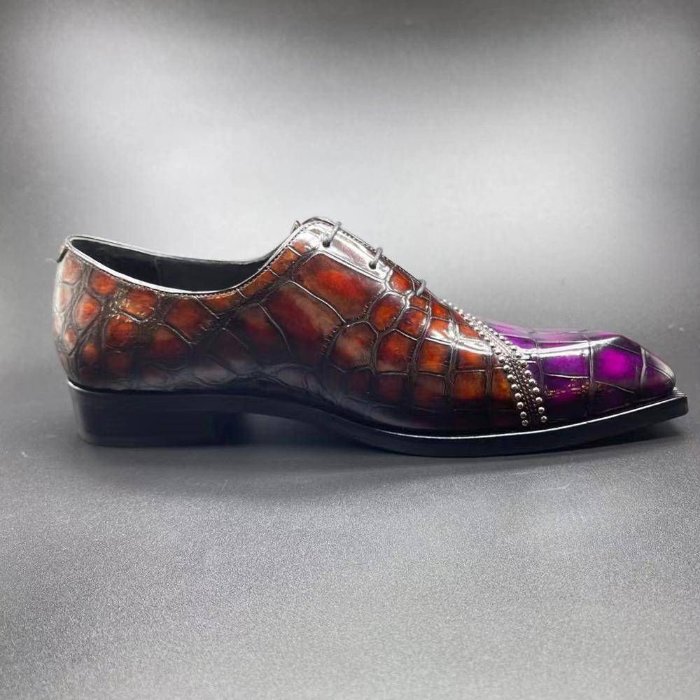 Crocodile Shoes Genuine Crocodile Leather Mens Lace up Dress Shoes Hand Painted Vintage Brown/ Purple