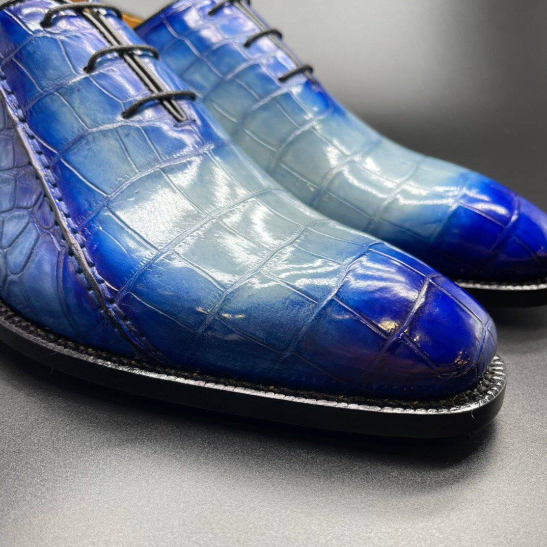 Crocodile Shoes Genuine Crocodile Leather Mens Penny Loafers Dress Shoes Hand Painted Two Tone Blue
