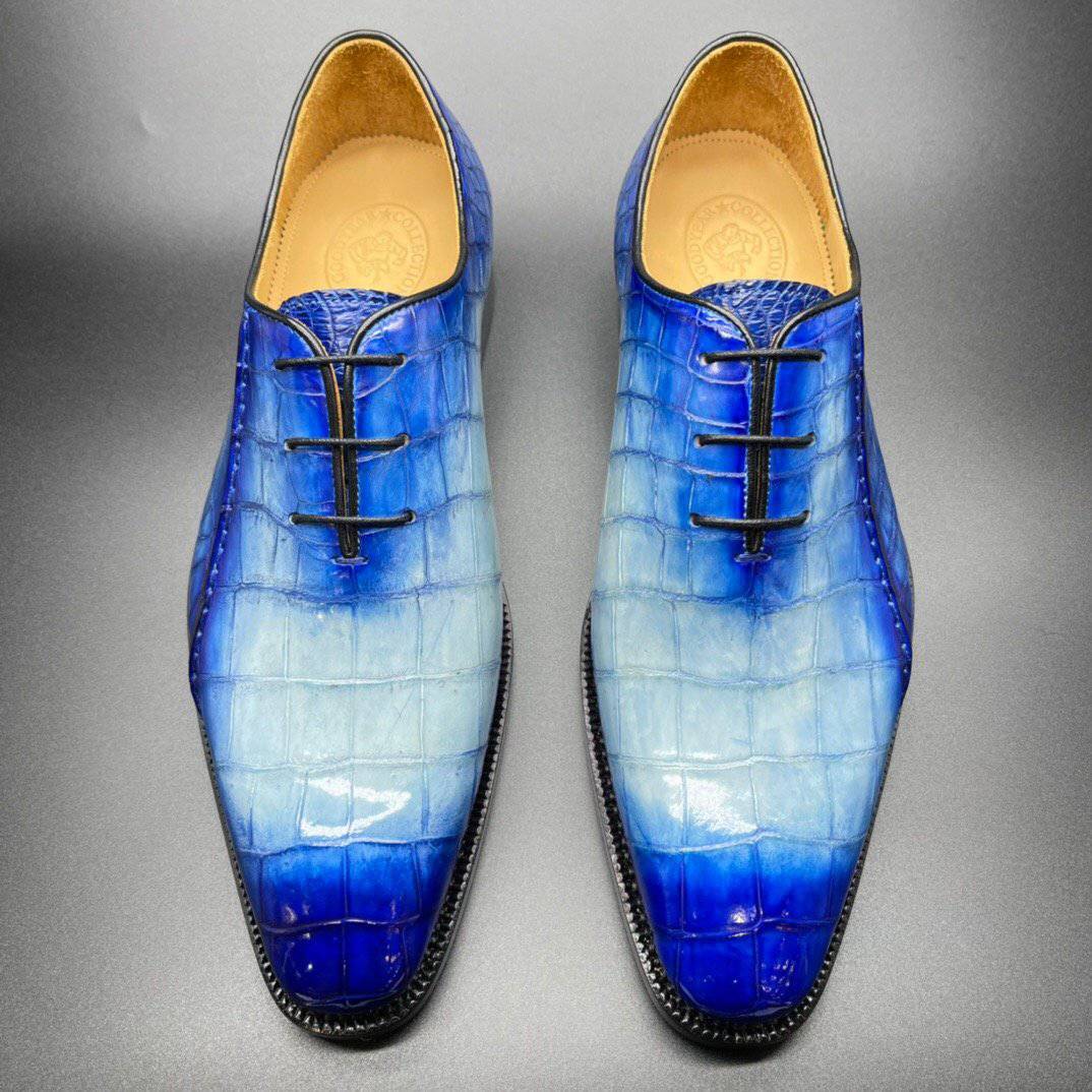 Crocodile Shoes Genuine Crocodile Leather Mens Penny Loafers Dress Shoes Hand Painted Two Tone Blue