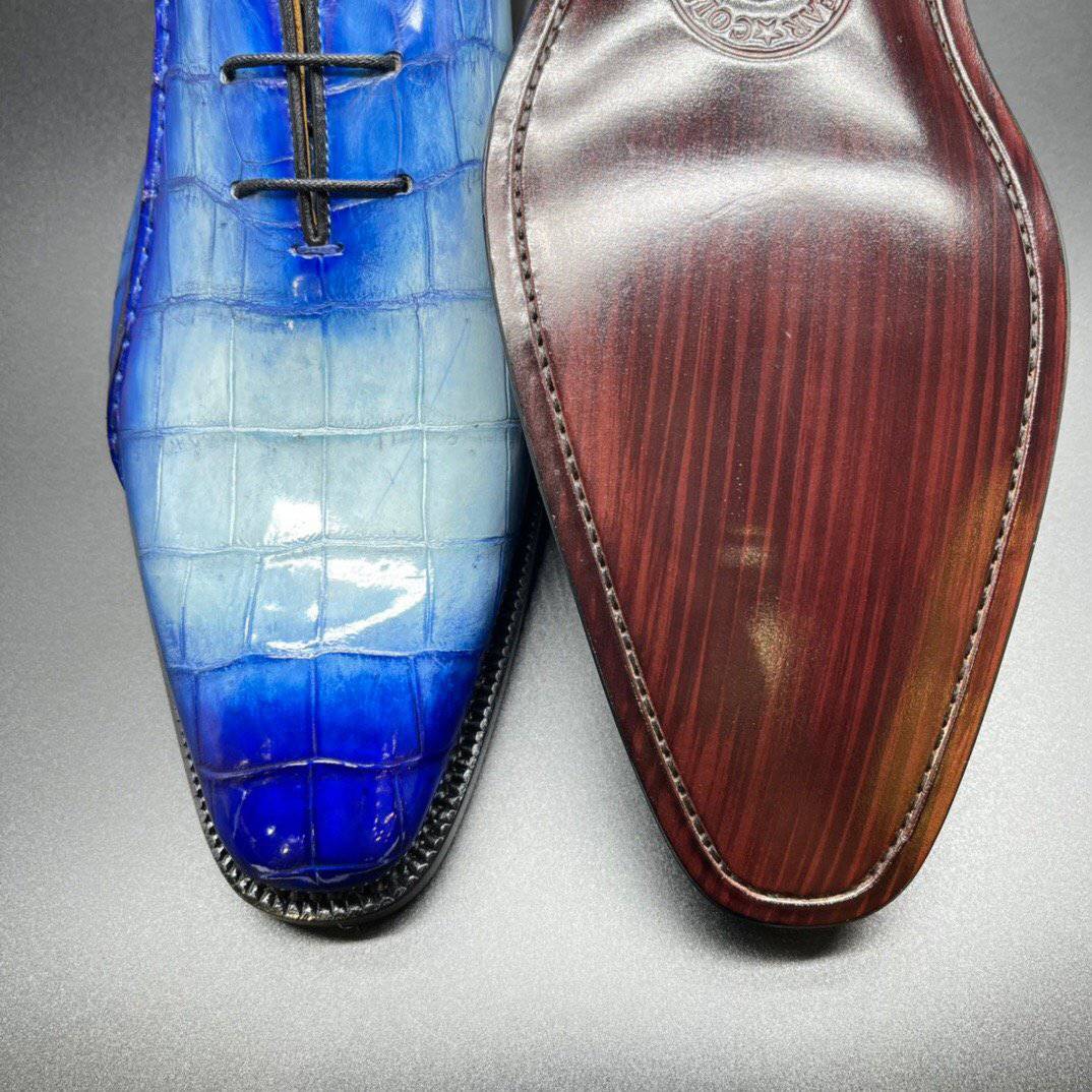 Crocodile Shoes Genuine Crocodile Leather Mens Penny Loafers Dress Shoes Hand Painted Two Tone Blue