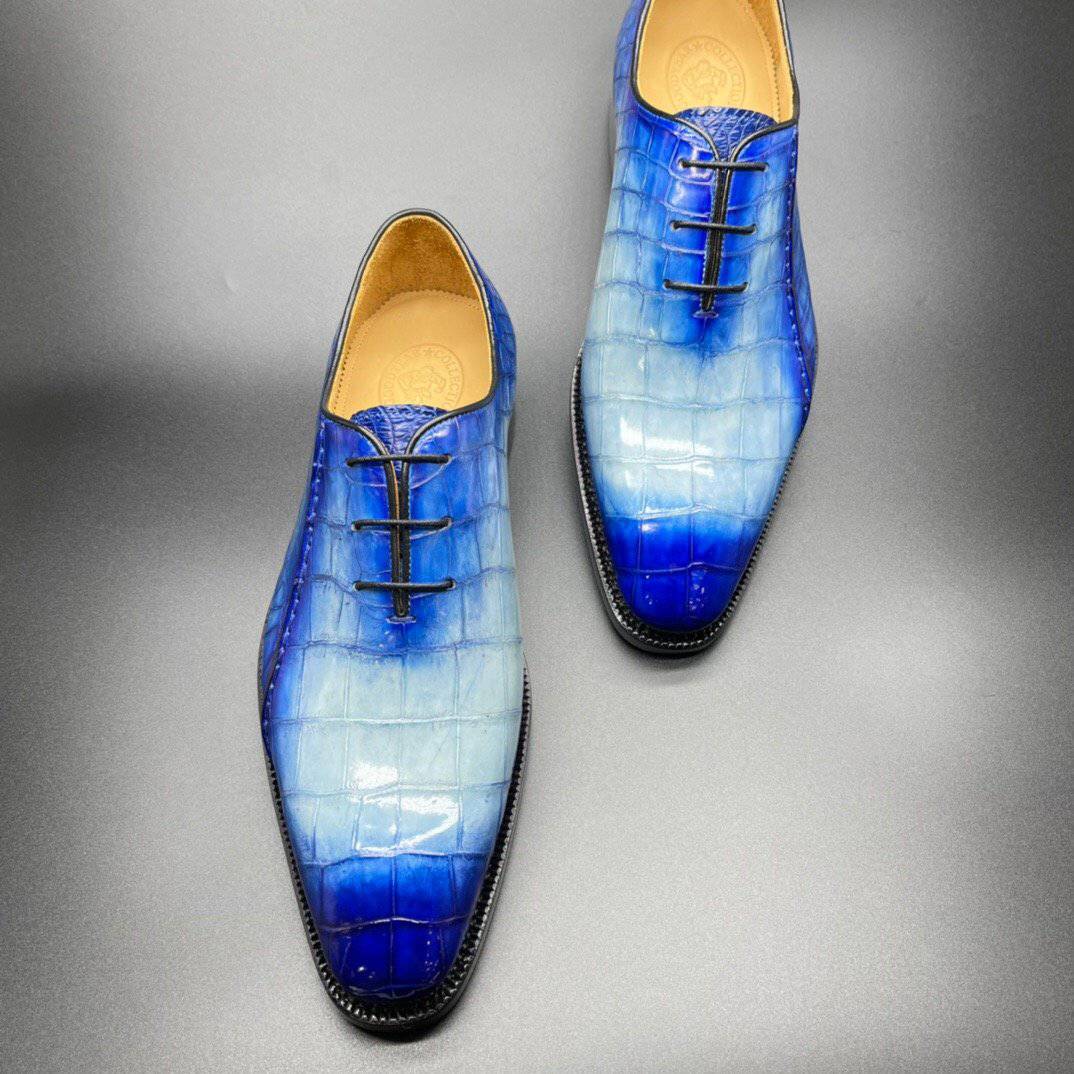 Crocodile Shoes Genuine Crocodile Leather Mens Penny Loafers Dress Shoes Hand Painted Two Tone Blue