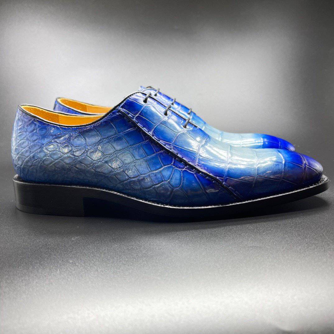 Crocodile Shoes Genuine Crocodile Leather Mens Penny Loafers Dress Shoes Hand Painted Two Tone Blue
