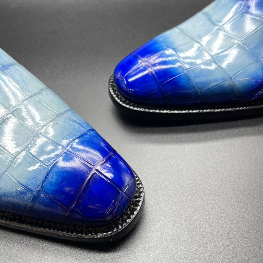 Crocodile Shoes Genuine Crocodile Leather Mens Penny Loafers Dress Shoes Hand Painted Two Tone Blue