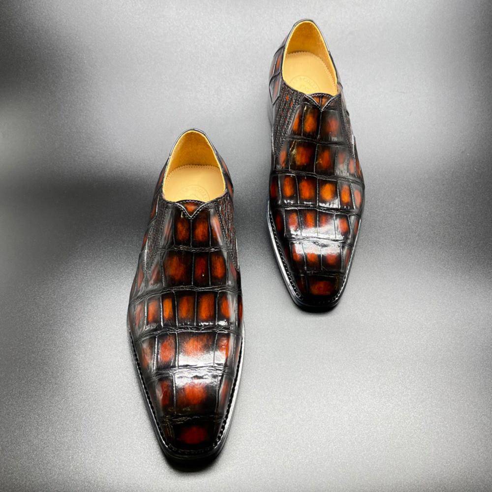 Crocodile Shoes Genuine Crocodile Leather Mens Penny Loafers Dress Shoes Hand Painted Vintage Brown