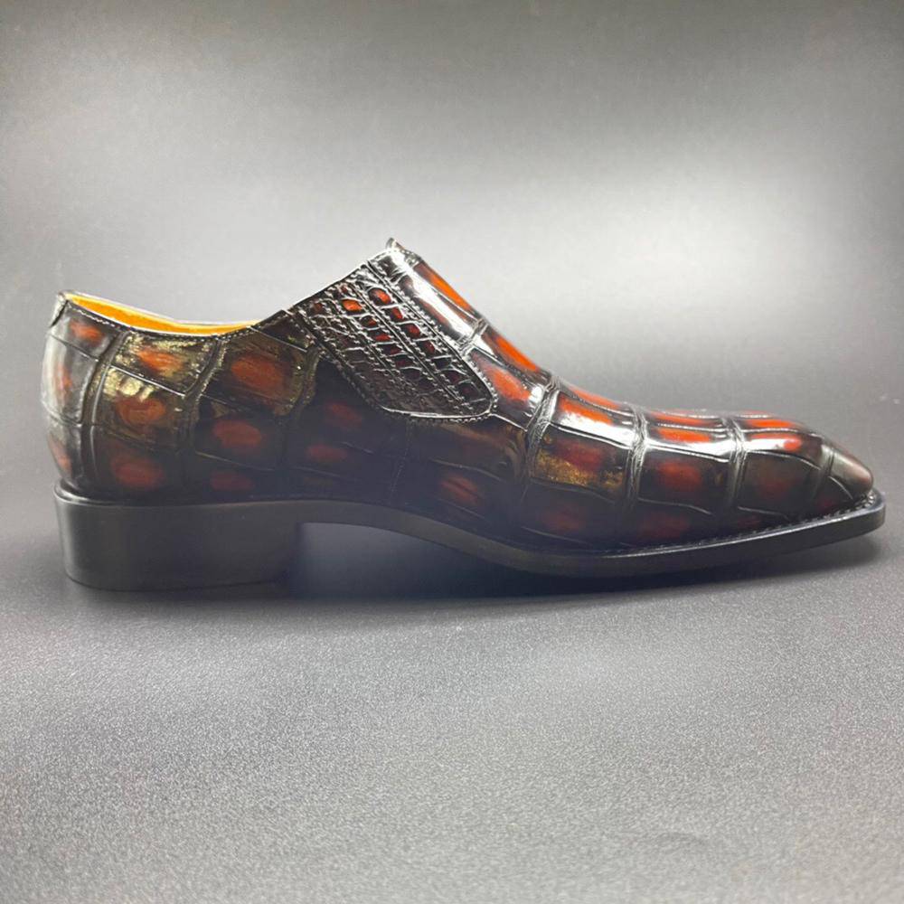 Crocodile Shoes Genuine Crocodile Leather Mens Penny Loafers Dress Shoes Hand Painted Vintage Brown