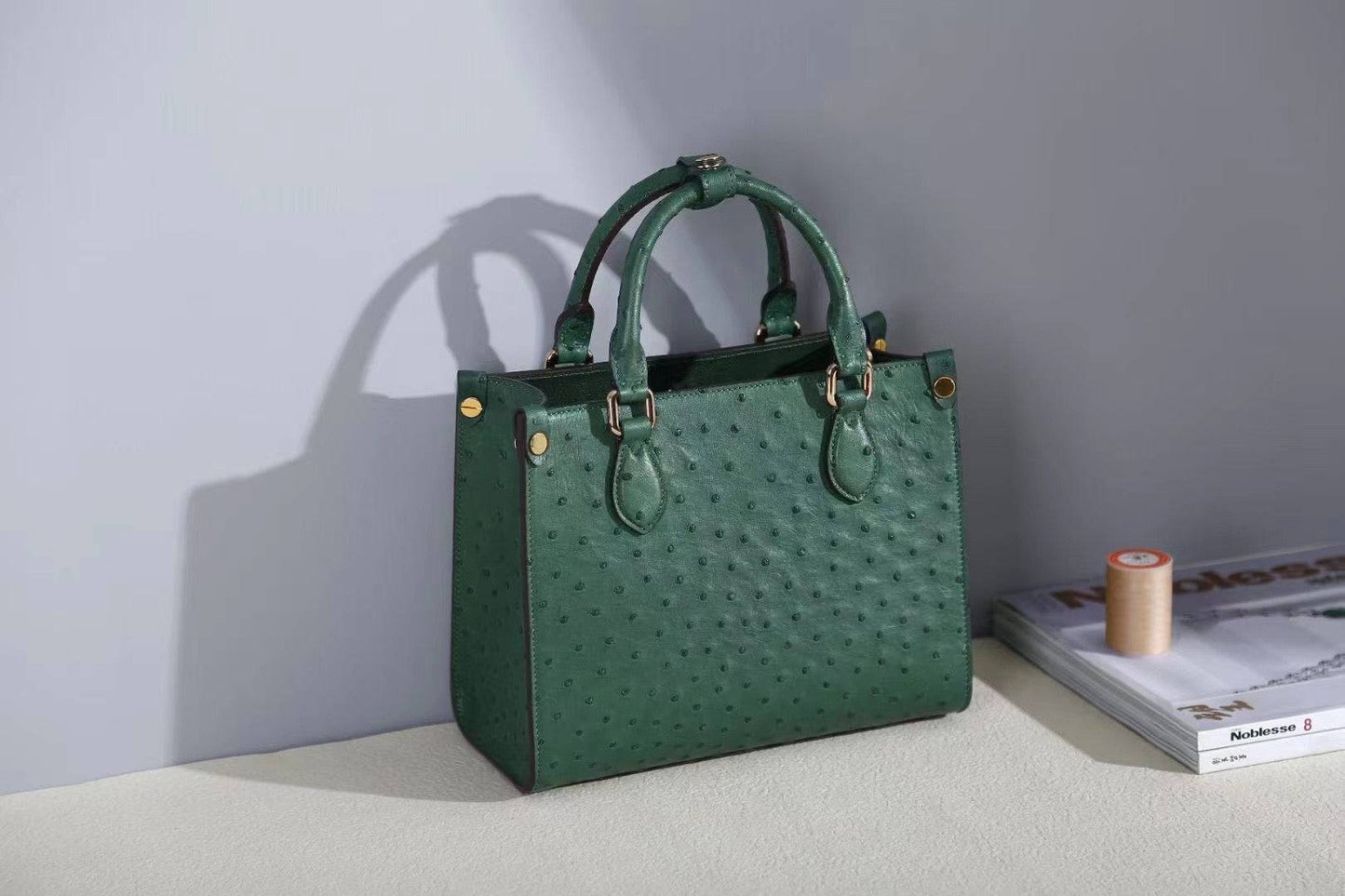 Genuine Ostrich Skin Leather Small Top Handle Bag