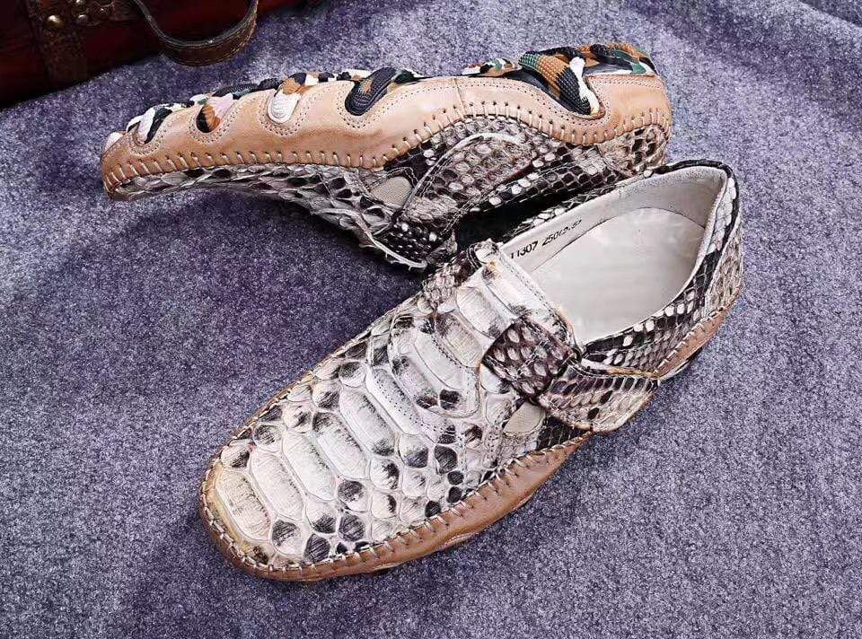 Crocodile Shoes Genuine Python Leather Men's White Slip-On Loafer Shoes