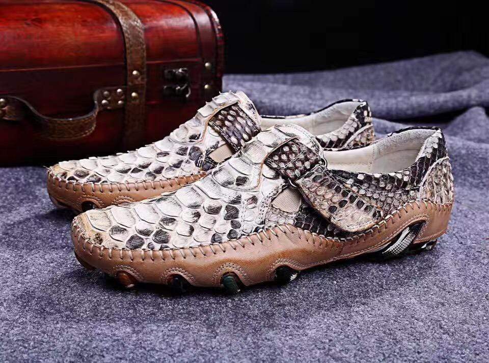 Crocodile Shoes Genuine Python Leather Men's White Slip-On Loafer Shoes