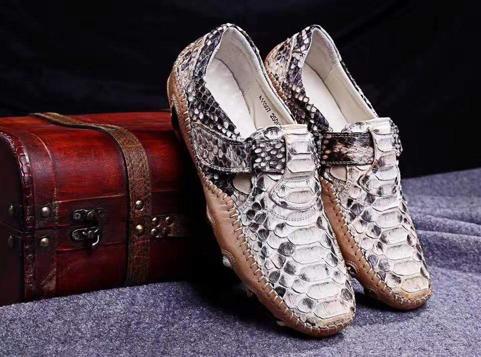 Crocodile Shoes Genuine Python Leather Men's White Slip-On Loafer Shoes