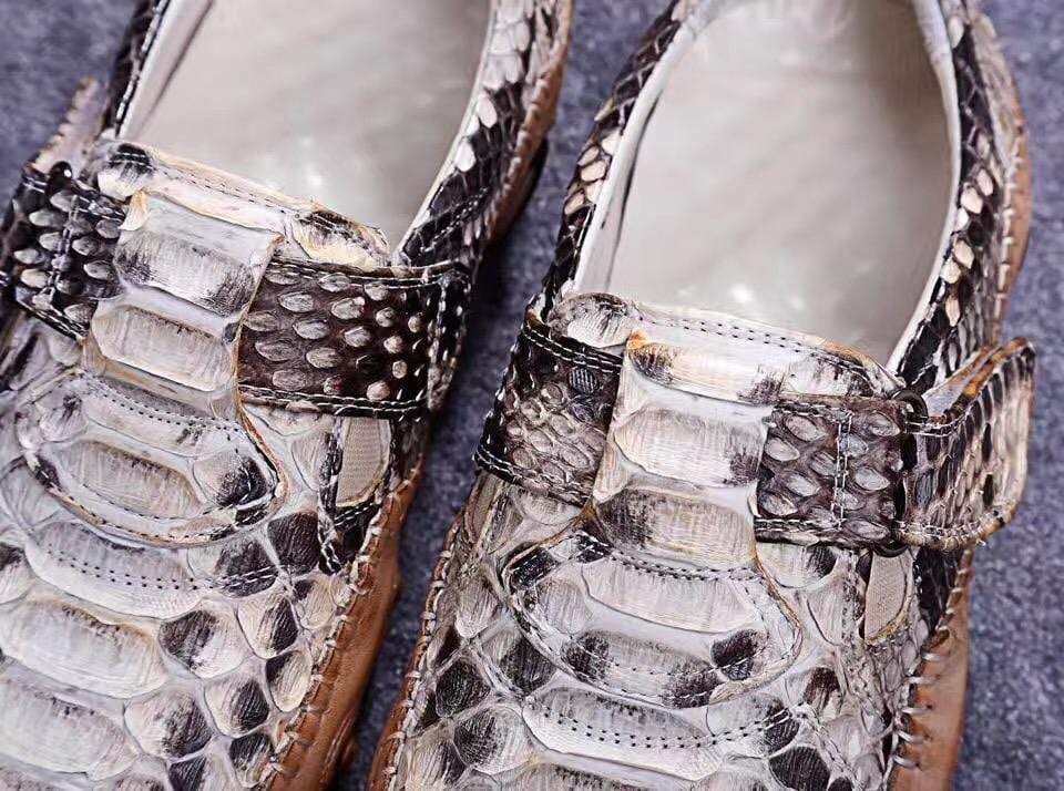 Crocodile Shoes Genuine Python Leather Men's White Slip-On Loafer Shoes