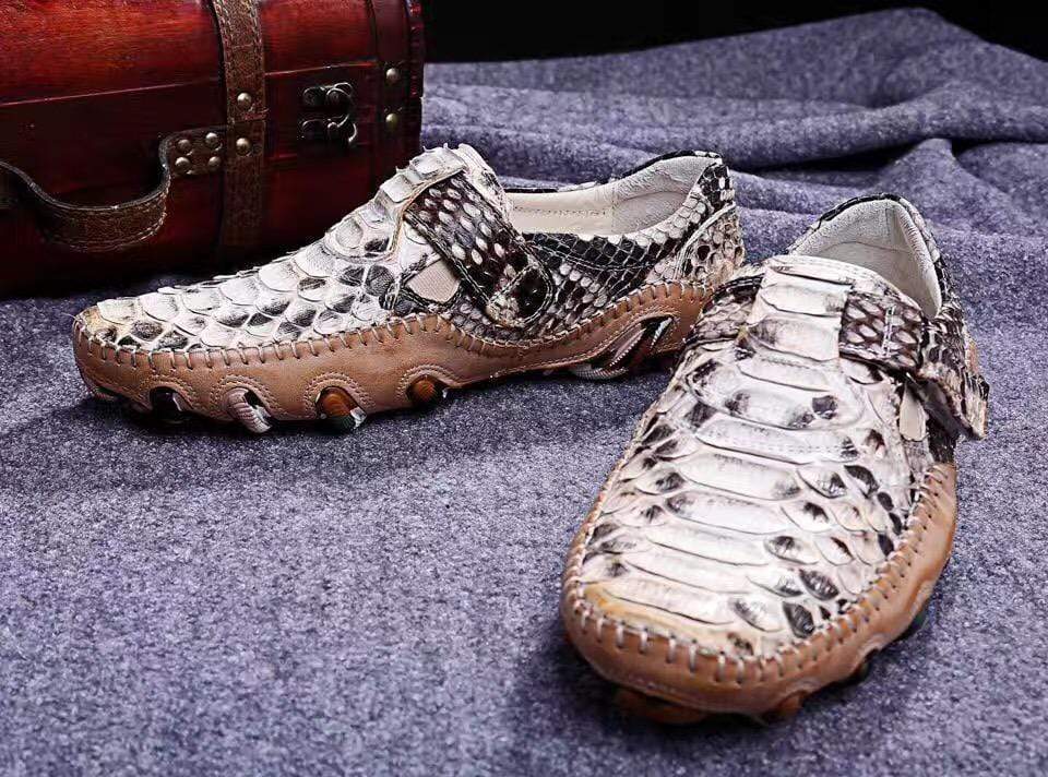 Crocodile Shoes Genuine Python Leather Men's White Slip-On Loafer Shoes