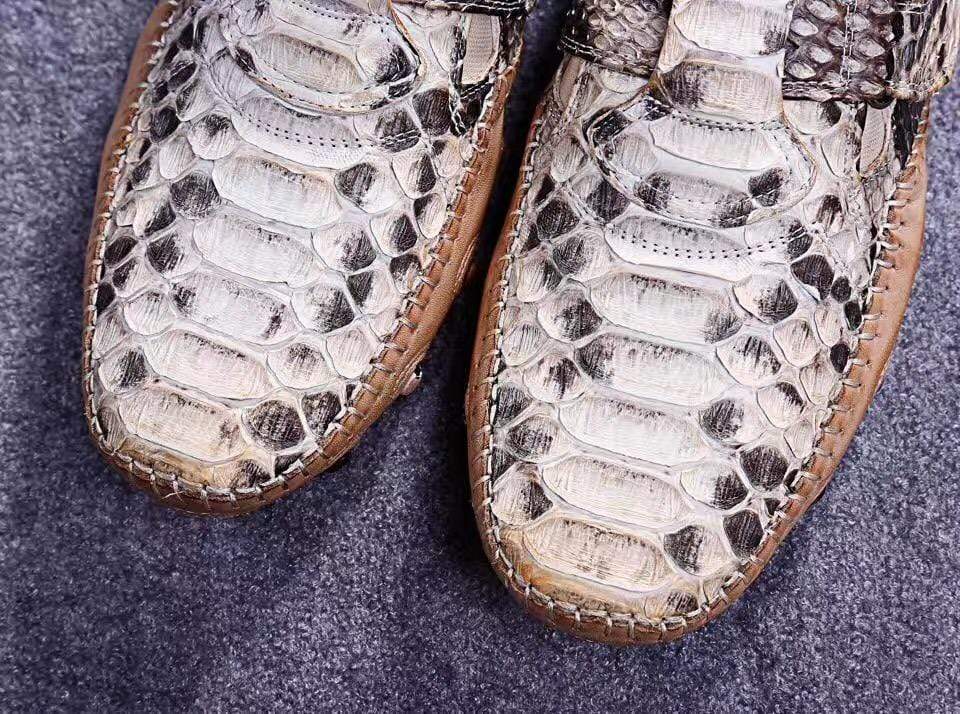 Crocodile Shoes Genuine Python Leather Men's White Slip-On Loafer Shoes