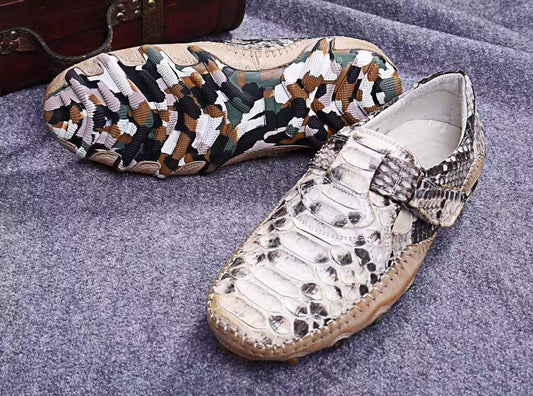 Crocodile Shoes Genuine Python Leather Men's White Slip-On Loafer Shoes