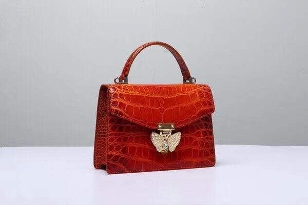Genuine Crocodile  Leather Top Handle Cross Body Bag Vintage Red
