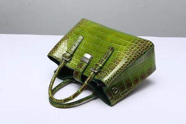 Genuine  Crocodile Leather Top Handle Tote  Shoulder Bag  Vintage Green