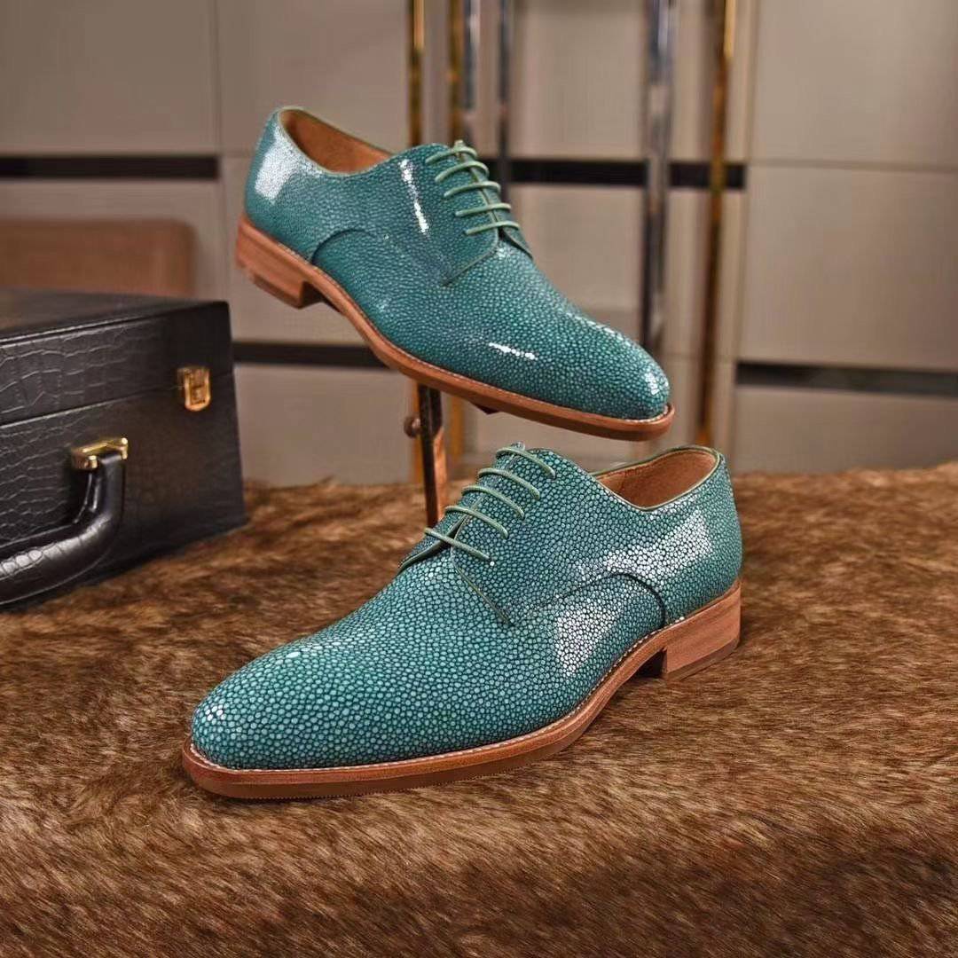 Genuine Pearl Stingray Leather Mens Wingtip Formal Lace up Wedding Office Shoes Green