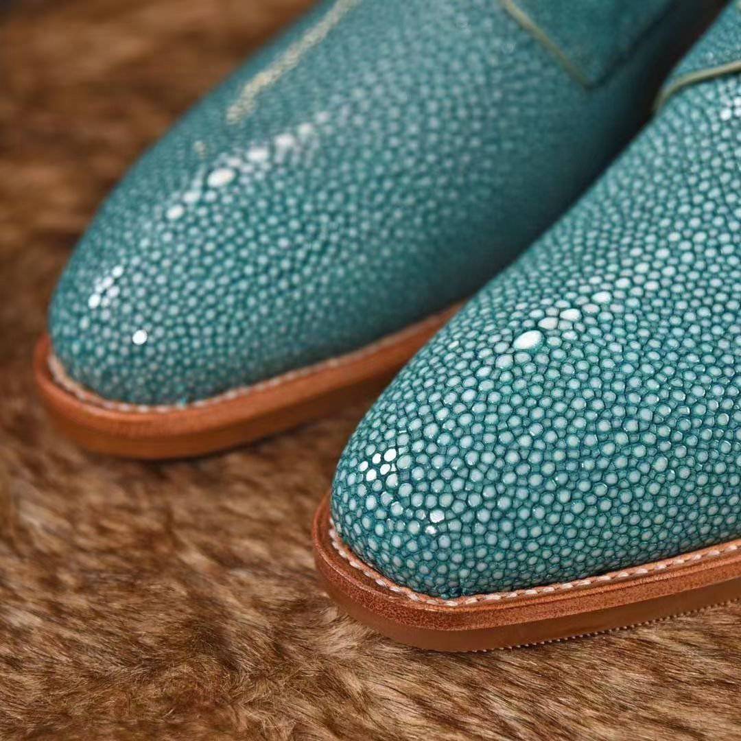 Genuine Pearl Stingray Leather Mens Wingtip Formal Lace up Wedding Office Shoes Green