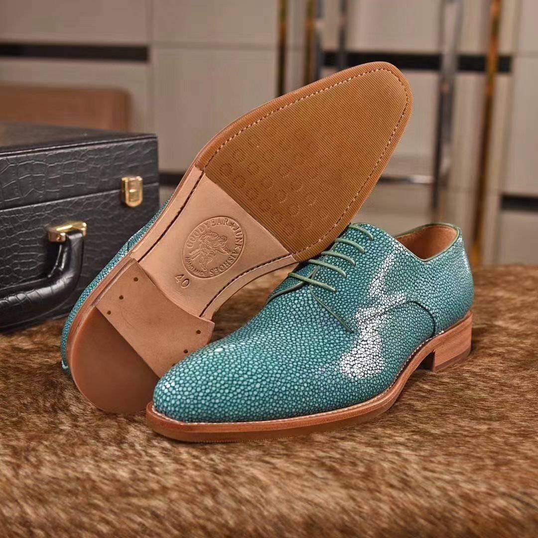 Genuine Pearl Stingray Leather Mens Wingtip Formal Lace up Wedding Office Shoes Green