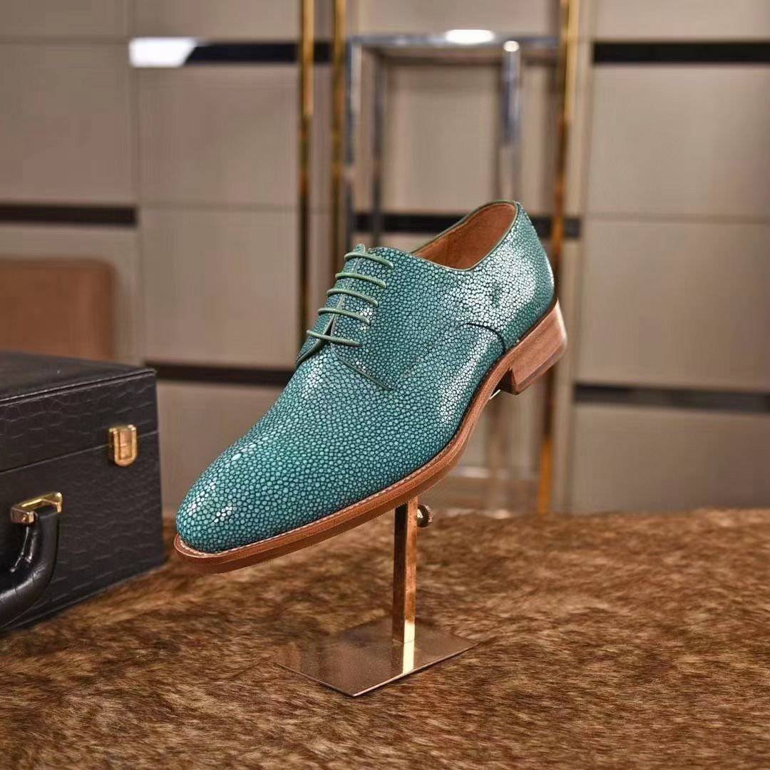 Genuine Pearl Stingray Leather Mens Wingtip Formal Lace up Wedding Office Shoes Green