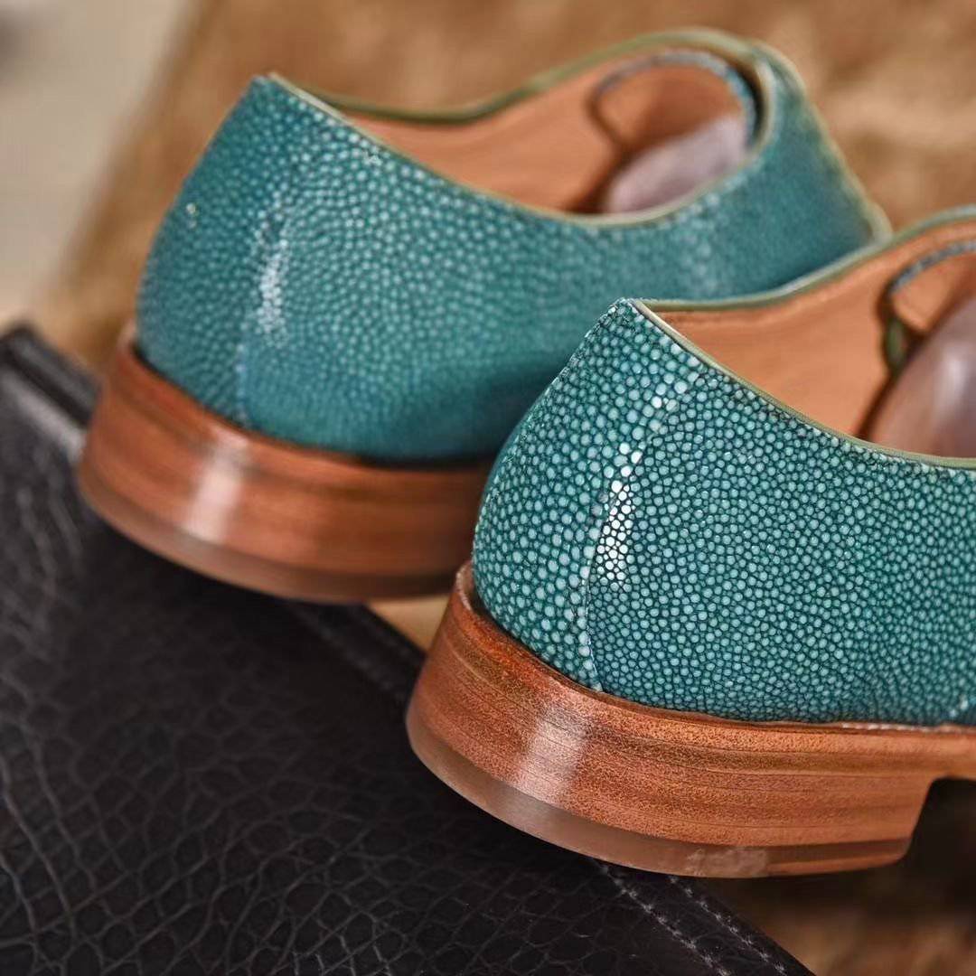 Genuine Pearl Stingray Leather Mens Wingtip Formal Lace up Wedding Office Shoes Green