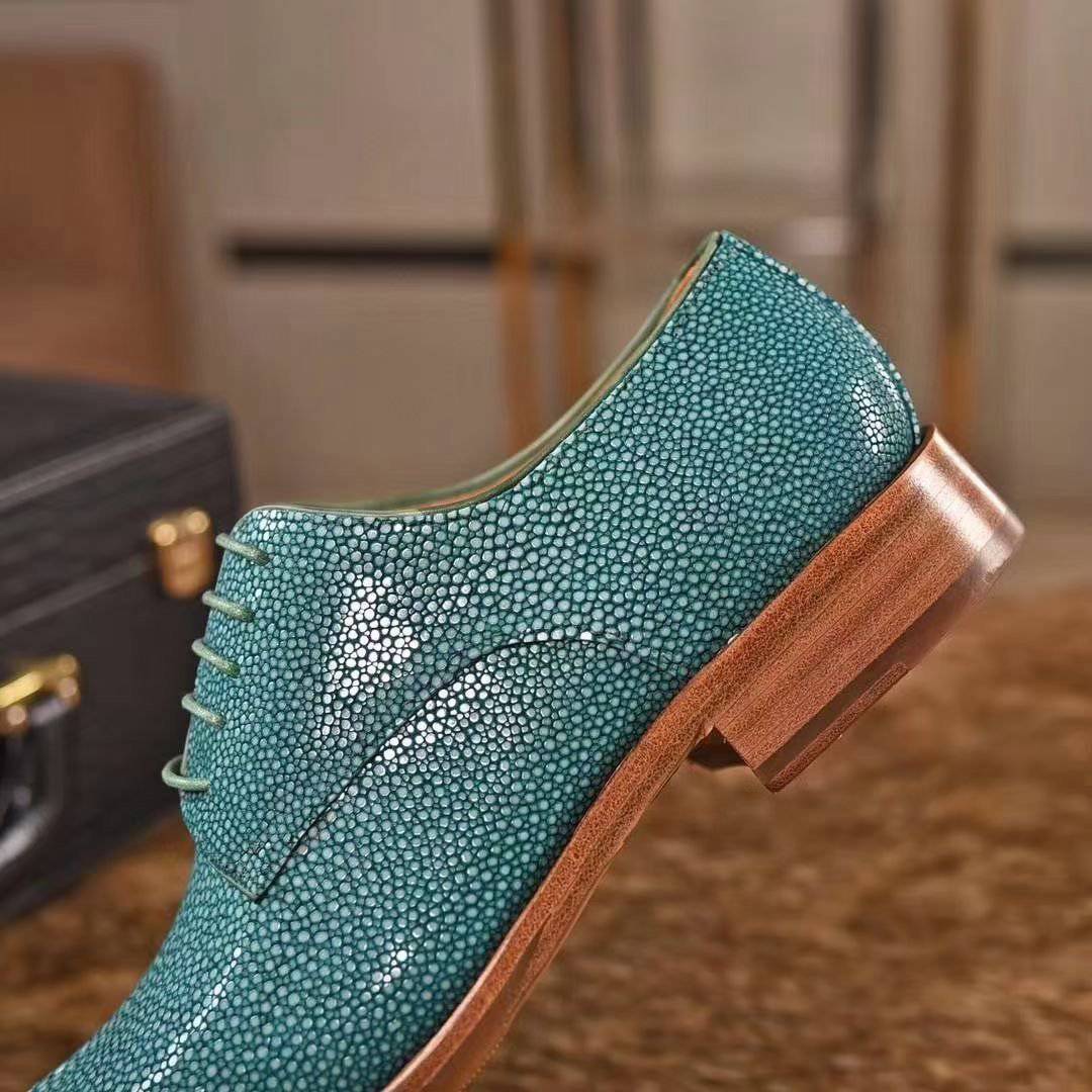 Genuine Pearl Stingray Leather Mens Wingtip Formal Lace up Wedding Office Shoes Green