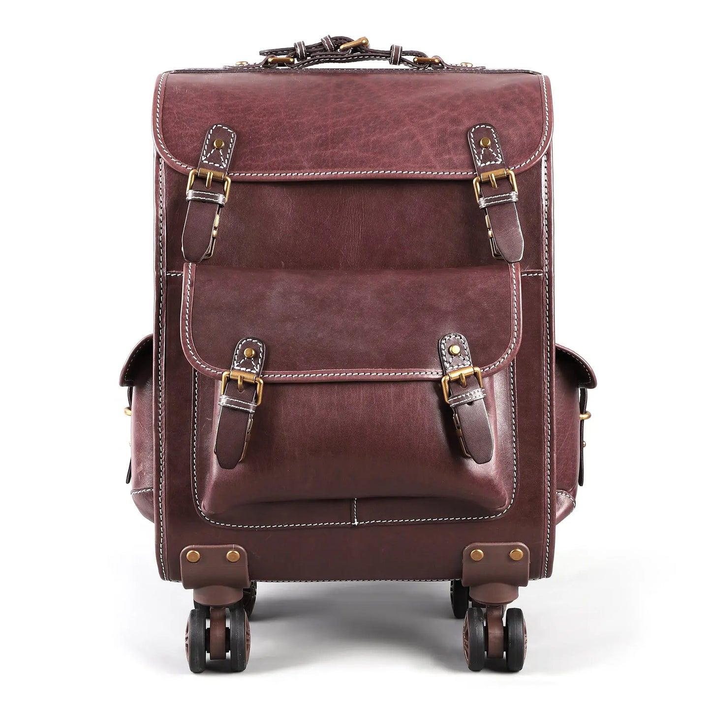 Genuine Vintage Vegetable Tanned Leather Check-In Carry On Business Rolling Bag Rotate Universal Wheel 23 Inch Leather Business Trolley Bag