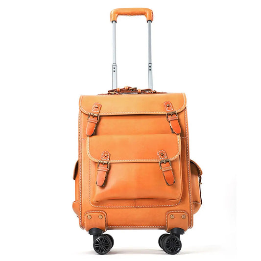 Genuine Vintage Vegetable Tanned Leather Check-In Carry On Business Rolling Bag Rotate Universal Wheel 23 Inch Leather Business Trolley Bag
