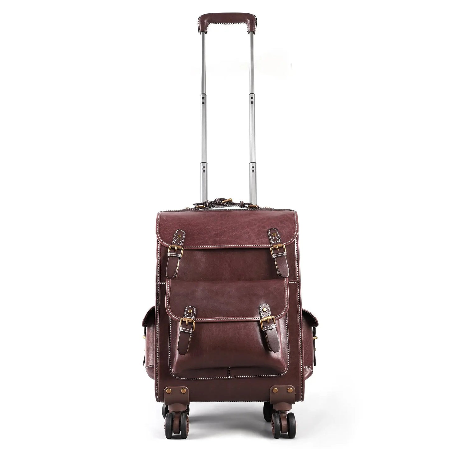 Genuine Vintage Vegetable Tanned Leather Check-In Carry On Business Rolling Bag Rotate Universal Wheel 23 Inch Leather Business Trolley Bag