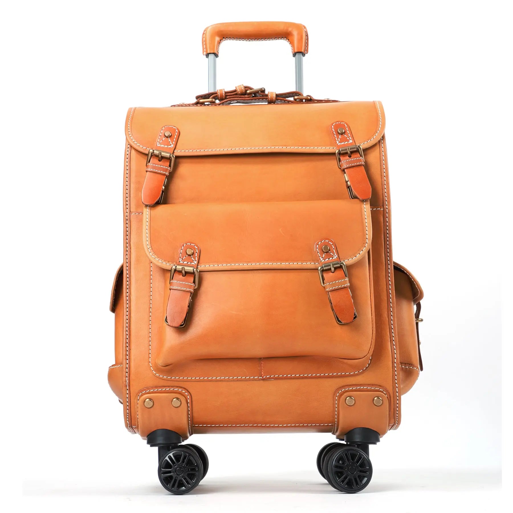 Genuine Vintage Vegetable Tanned Leather Check-In Carry On Business Rolling Bag Rotate Universal Wheel 23 Inch Leather Business Trolley Bag