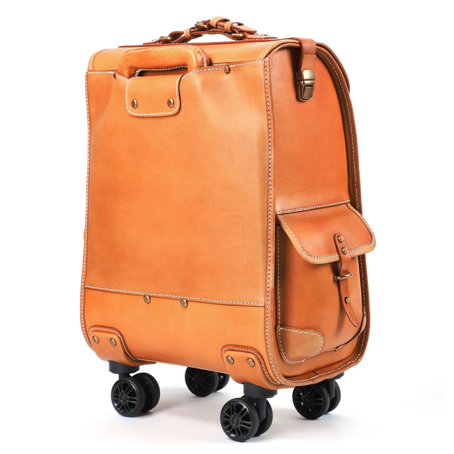 Genuine Vintage Vegetable Tanned Leather Check-In Carry On Business Rolling Bag Rotate Universal Wheel 23 Inch Leather Business Trolley Bag