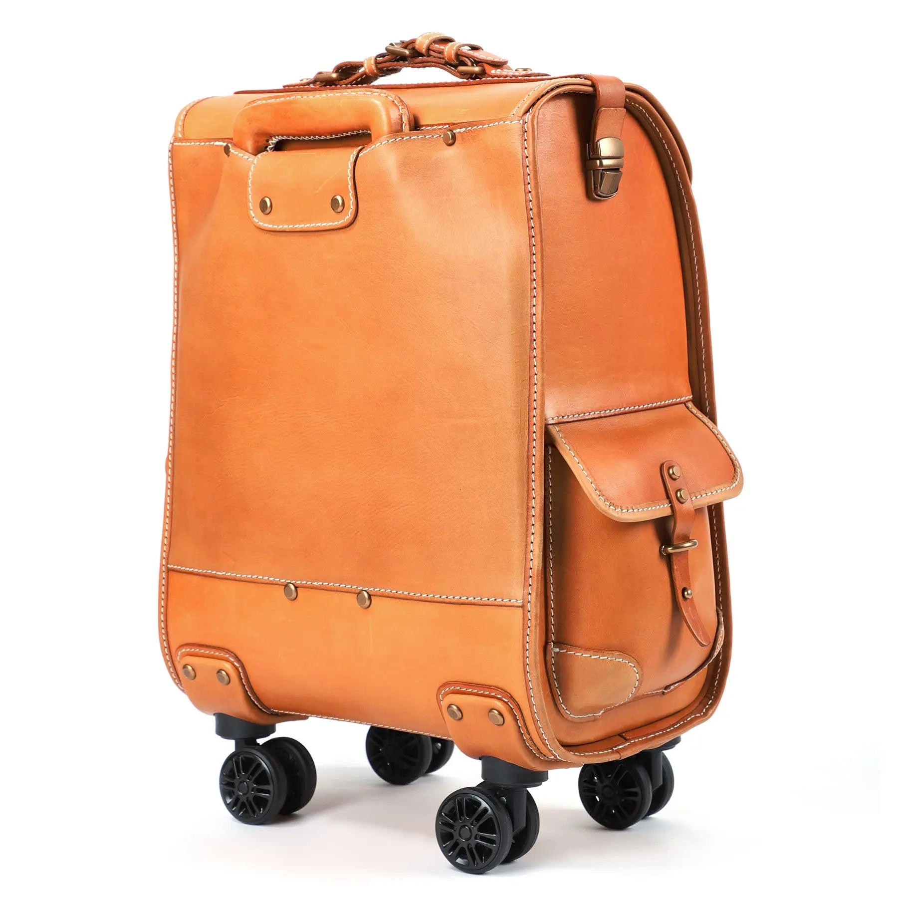 Genuine Vintage Vegetable Tanned Leather Check-In Carry On Business Rolling Bag Rotate Universal Wheel 23 Inch Leather Business Trolley Bag
