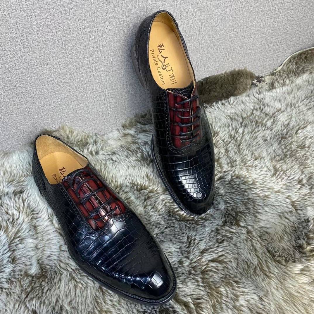 Crocodile Shoes Handmade Crocodile Leather Vintage Two Tone Classic Lace Up Leather Lined Shoes