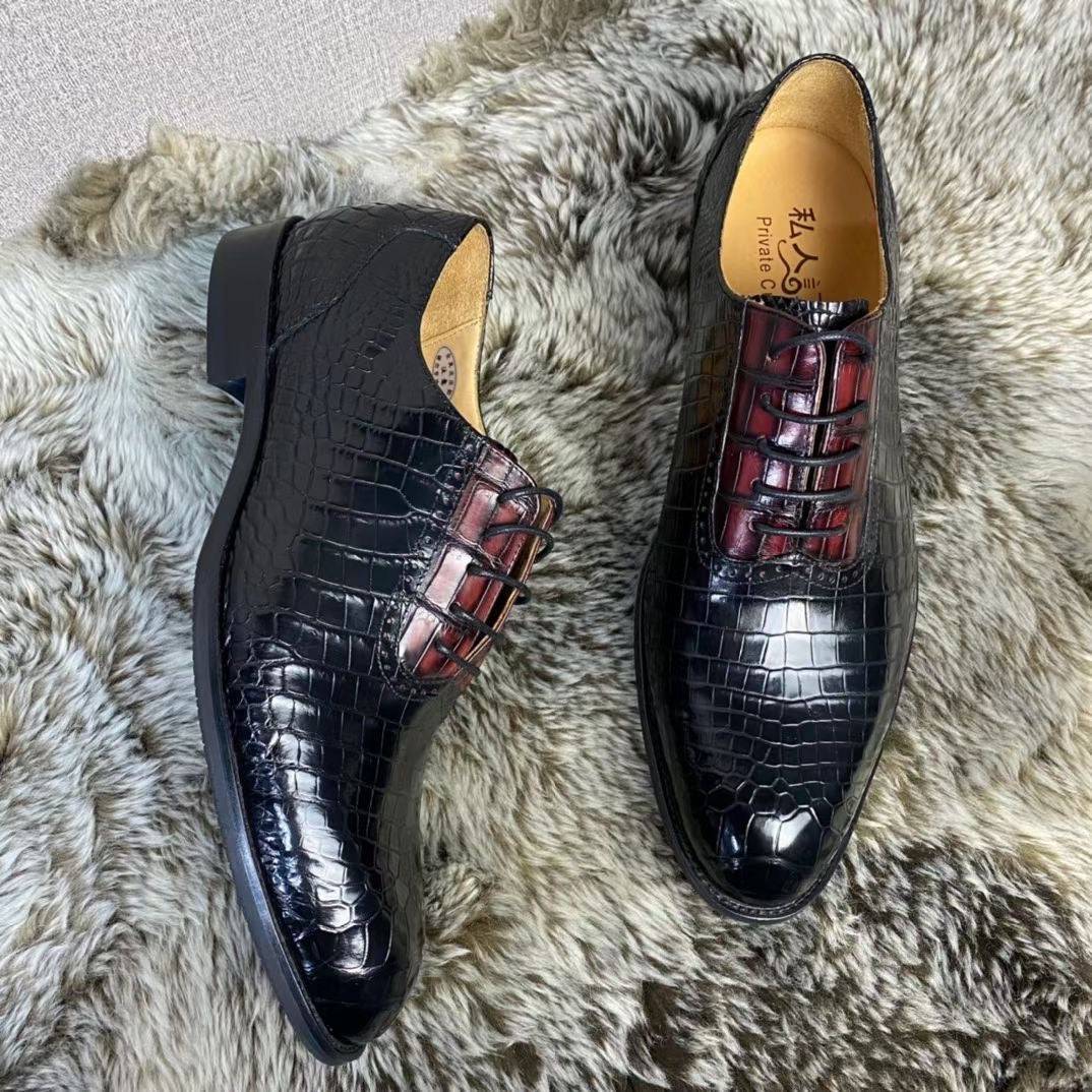 Crocodile Shoes Handmade Crocodile Leather Vintage Two Tone Classic Lace Up Leather Lined Shoes