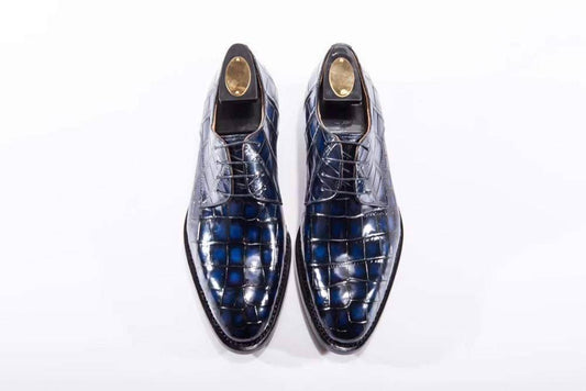Crocodile Shoes Handmade Men Crocodile Leather Lace-Up Shoes,Mens Dark Blue Crocodile Leather Dress Shoes