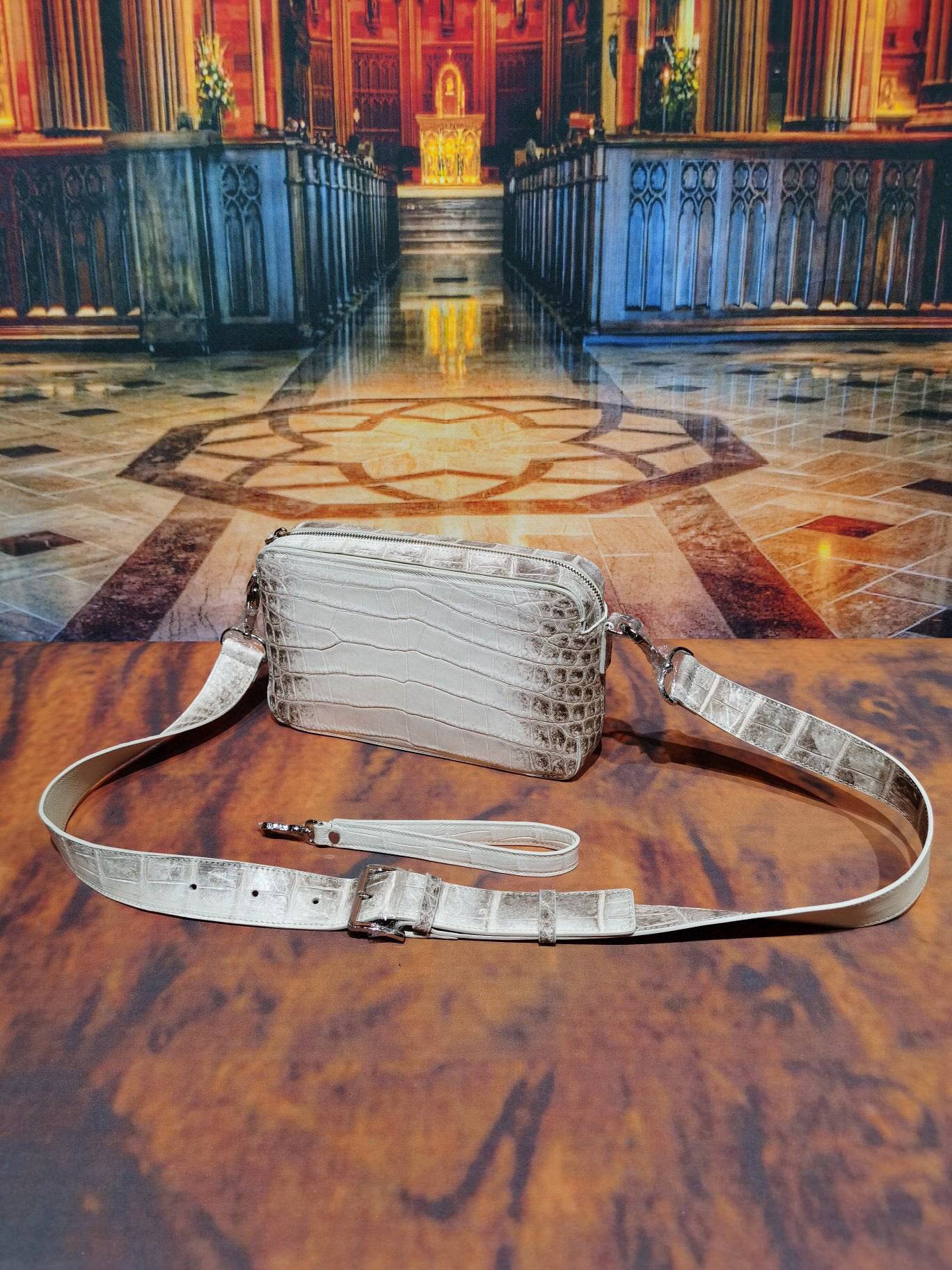 Preorder Himalaya White Genuine Crocodile Skin Leather Shoulder Chest Cross Body Clutch Bag