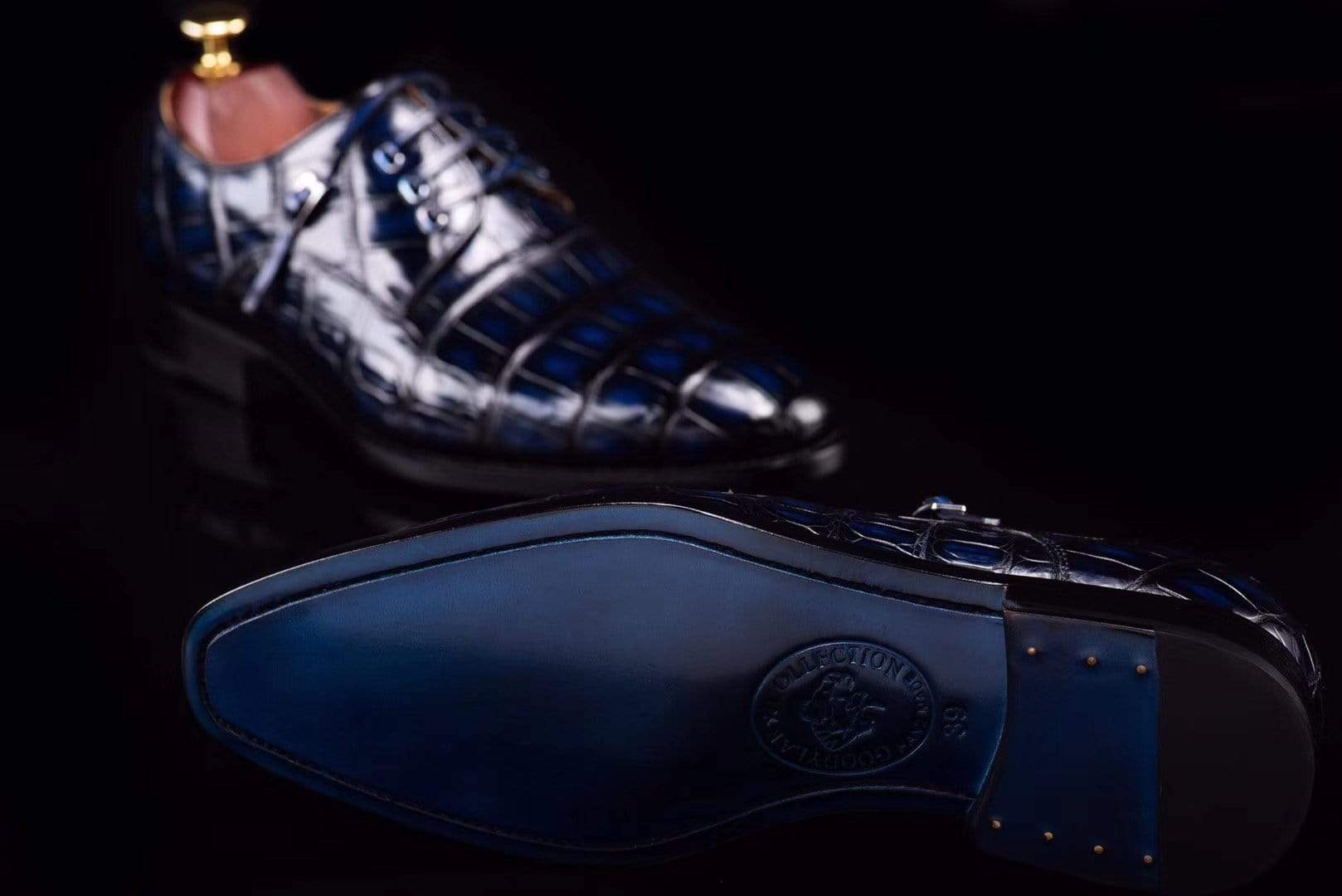 Preorder Lace-Up Shoes In Dark Blue Crocodile Skin Leather