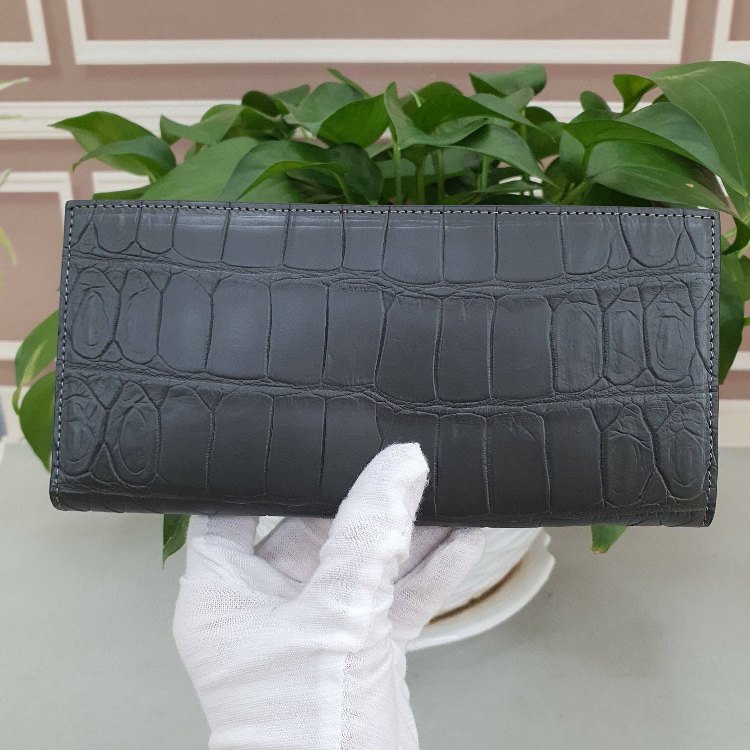 Matt Crocodile Leather Mens Suit Wallet Etoupe Grey /Gold