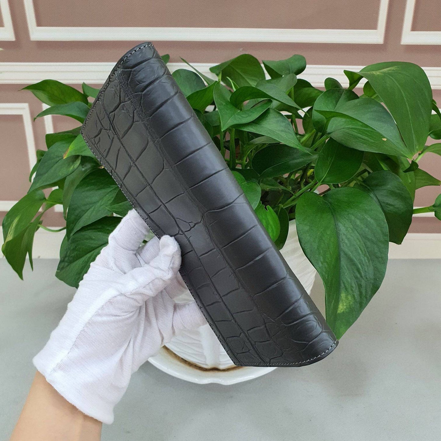 Matt Crocodile Leather Mens Suit Wallet Etoupe Grey /Gold