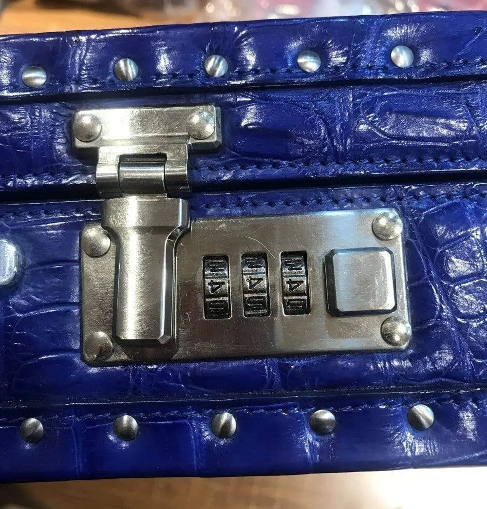 Men's black crocodile bone leather business attache case by Rossie Viren, large professional travel handbag with sturdy handle.