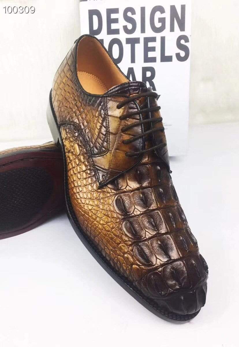 Crocodile Shoes Mens Dress Shoes, Modern Classic Round -Pointed toe crocodile bone leather Lace-up Casual Business Shoes