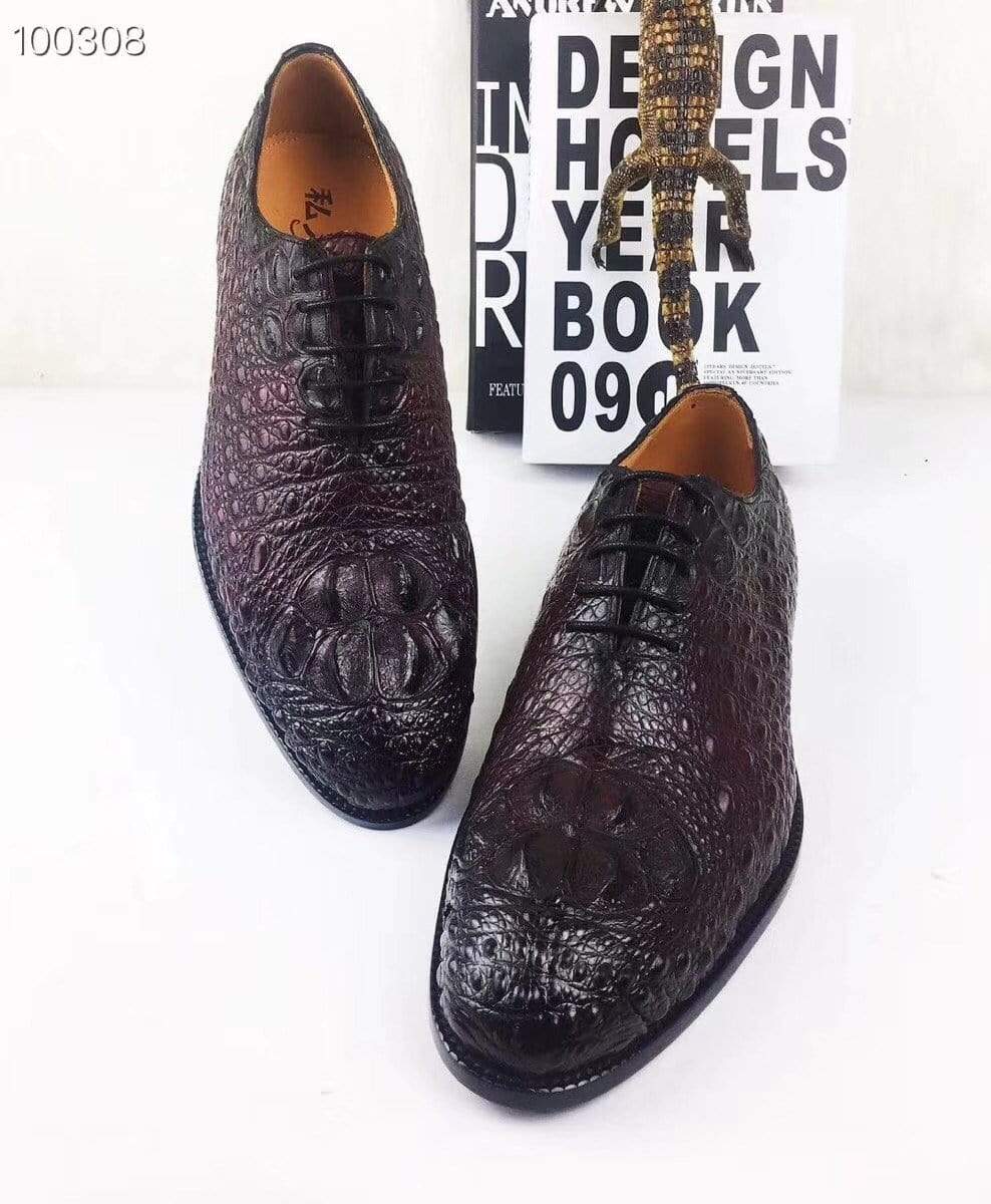Crocodile Shoes Mens Dress Shoes, Modern Classic Round -Pointed toe crocodile bone leather Lace-up Casual Business Shoes