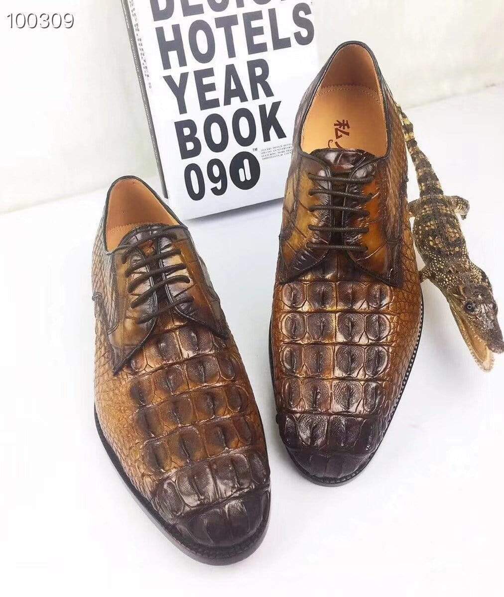 Crocodile Shoes Mens Dress Shoes, Modern Classic Round -Pointed toe crocodile bone leather Lace-up Casual Business Shoes