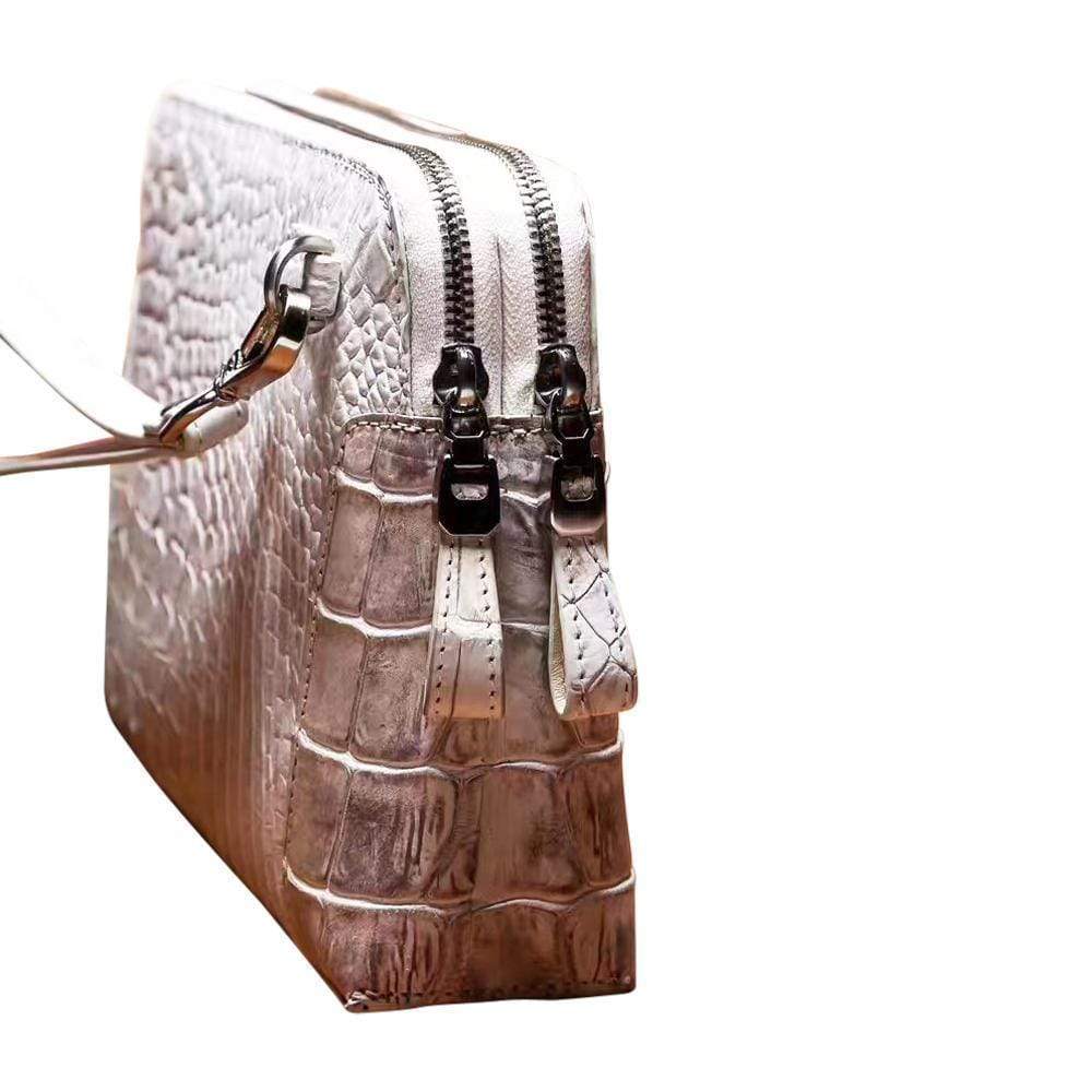 Men's Genuine Crocodile Skin Leather Clutch Bag With Double Zip