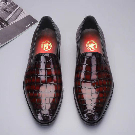 Crocodile Shoes Men's Slip On Loafer Shoes, Genuine Crocodile Leather Casual Dress Shoes Vintage Wine Red