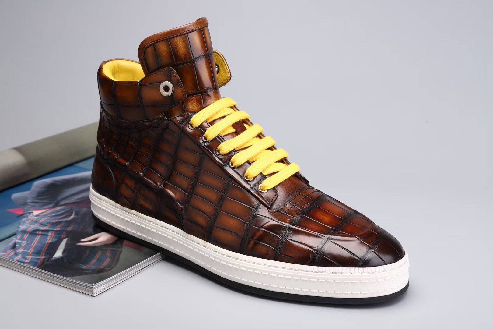 Crocodile Shoes Men's Sneakers , Genuine Crocodile Skin Leather High Heel Sneakers Grey,Brown