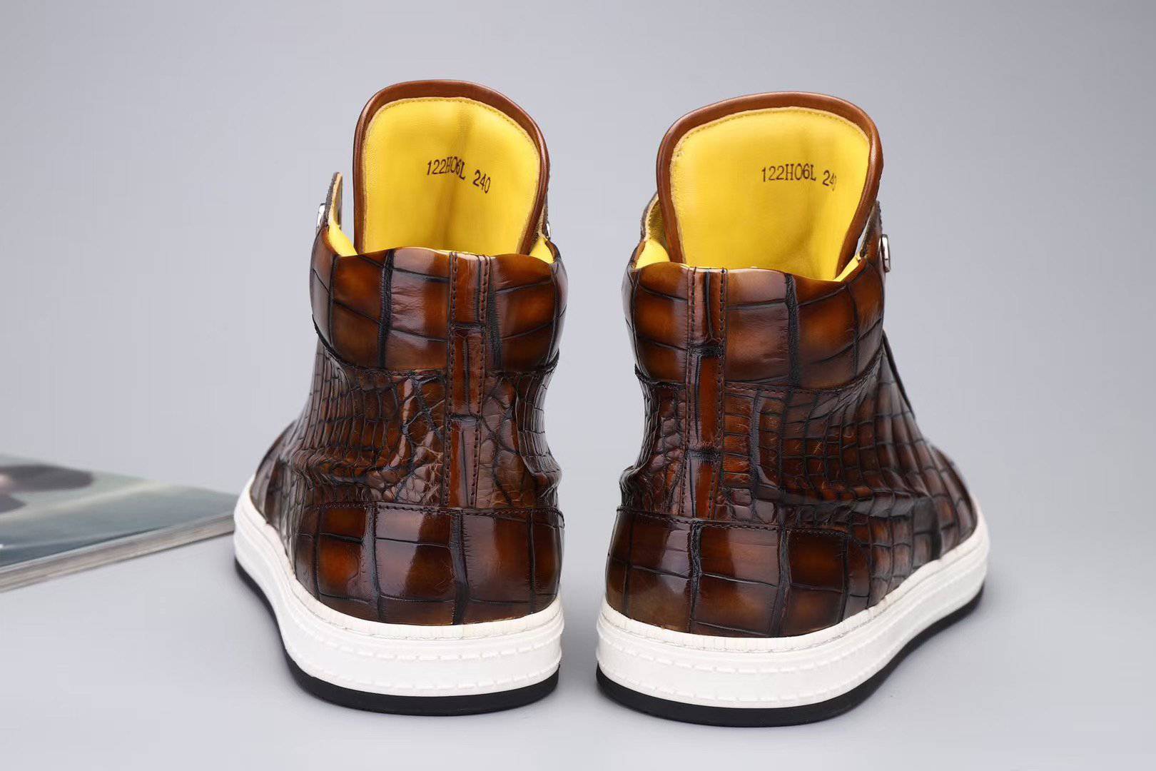 Crocodile Shoes Men's Sneakers , Genuine Crocodile Skin Leather High Heel Sneakers Grey,Brown