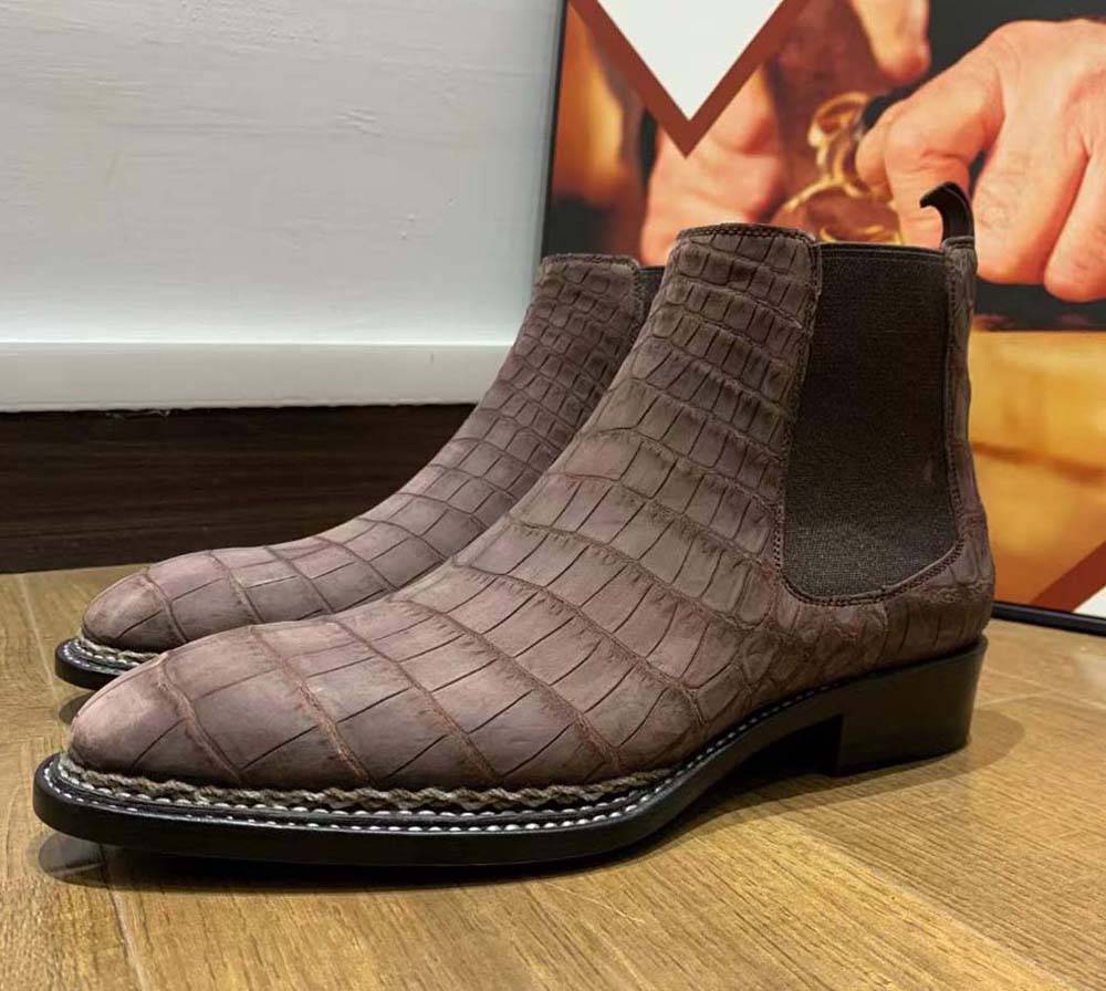 Crocodile Shoes Men's Nubuck Crocodile Leather Norwegian Stitch Chelsea Boots