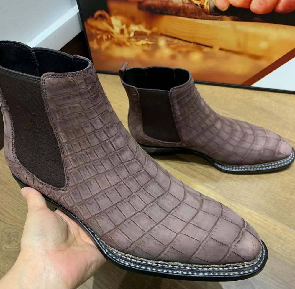 Crocodile Shoes Men's Nubuck Crocodile Leather Norwegian Stitch Chelsea Boots